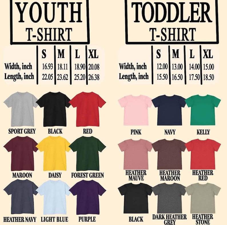 May include: A display of youth and toddler t-shirts in various colors, including sport grey, black, and red. The image includes size charts with measurements in inches for width and length, ranging from 12 to 20 inches.