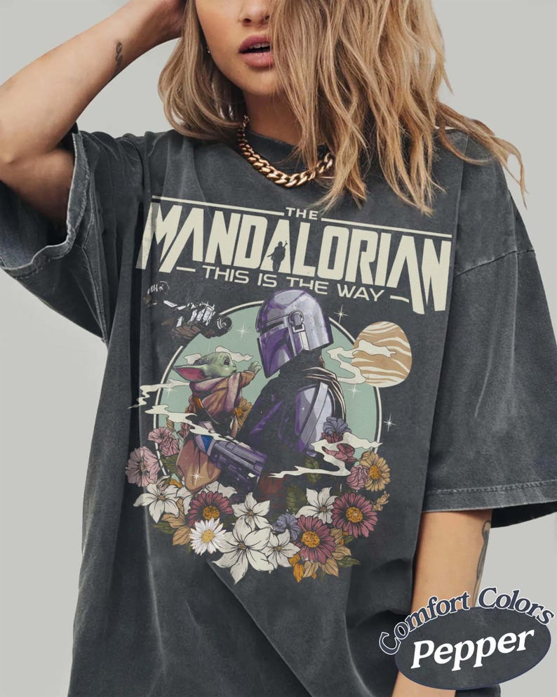 Retro Mandalorian and Grogu Shirt, Star Wars Mando Shirt, Baby Yoda Shirt, This Is The Way Tee, Magic Kingdom Shirt, Disney Family Trip Tee image 1