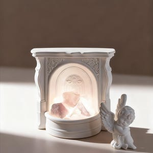 Puede incluir: Un difusor de aceites esenciales de cerámica blanca con forma de chimenea, con rocas de sal rosa del Himalaya en su interior. Una pequeña figura de ángel blanco está colocada a la derecha del difusor. El difusor tiene una abertura arqueada y detalles decorativos.