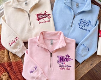 Embroidered Custom University Quarter Zip, Personalized College Name Pennant Crewneck, Graduation Gift for Her,Custom Name on Sleeve Sweater