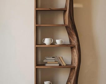 Tall Walnut Sculptural Bookcase, Organic Modern Display Shelf, Living Room Furniture