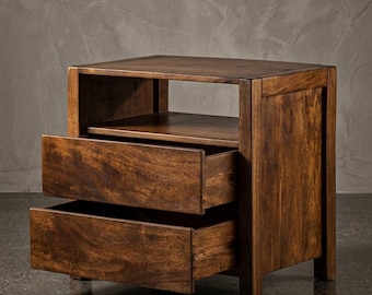 Mahogany Wood Nightstand | 2 Drawer Bedside Table | Mid Century Modern Side Table