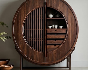 Armario redondo de caoba / Armario para guardar té Japandi / Armario bar circular de madera