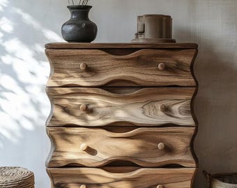 Sculptural Wood Dresser | Wavy 5 Drawer Chest | Organic Modern Bedroom Storage Cabinet