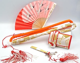 Vintage Japanischer Shichi Go San Zubehör Set Kran Fan Kimono Zeremoniales Zubehör Showa Retro