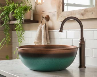 Gehämmertes Kupfer Waschbecken - Rustikales Badezimmer Waschbecken mit Grüner Patina