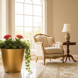 Vaso de plantas grande dourado, vaso de metal martelado, vaso de plantas de luxo para interiores, vaso de flores decorativo, decoração elegante para casa.