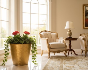 Large Gold Planter Pot, Hammered Metal Plant Pot, Luxury Indoor Planter, Decorative Flower Pot, Elegant Home Decor