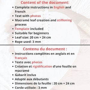 以下が含まれることがあります： 英語とフランス語のテキストが書かれた白い背景。テキストには、指示、写真、マクラメの葉の作成、テンプレート、初心者向けの説明が記載されています。葉のサイズは20cm x 24cm、ロープは3mmです。