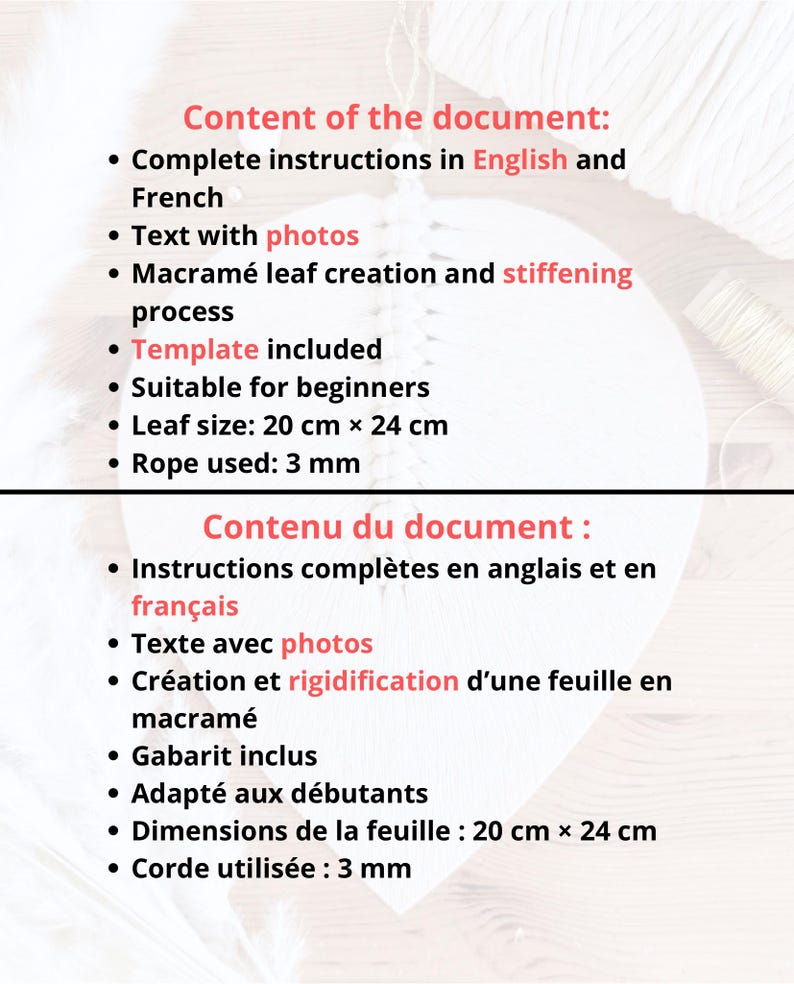 以下が含まれることがあります： 英語とフランス語のテキストが書かれた白い背景。テキストには、指示、写真、マクラメの葉の作成、テンプレート、初心者向けの説明が記載されています。葉のサイズは20cm x 24cm、ロープは3mmです。