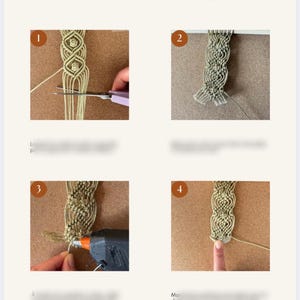 Pode incluir: Um guia passo a passo para macram&eacute;. As imagens mostram o processo de cria&ccedil;&atilde;o de um design de macram&eacute;, incluindo n&oacute;s, corte e colagem. O macram&eacute; &eacute; de cor bege claro, e o fundo &eacute; uma placa de corti&ccedil;a castanha.
