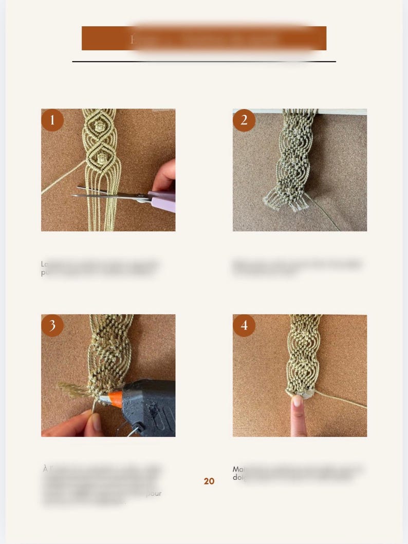 Pode incluir: Um guia passo a passo para macram&eacute;. As imagens mostram o processo de cria&ccedil;&atilde;o de um design de macram&eacute;, incluindo n&oacute;s, corte e colagem. O macram&eacute; &eacute; de cor bege claro, e o fundo &eacute; uma placa de corti&ccedil;a castanha.