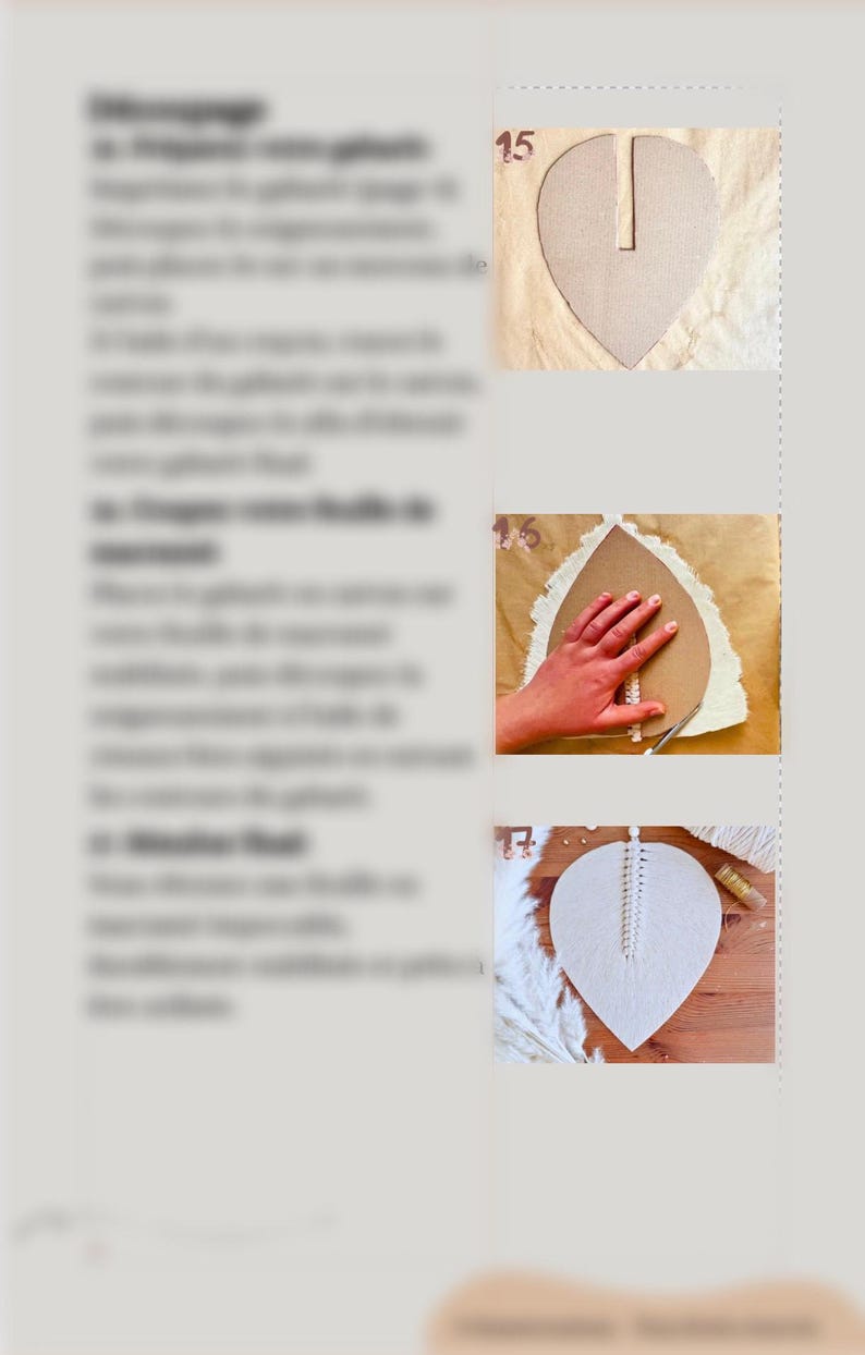 以下が含まれることがあります： ハート型の段ボールの切り抜き、白い素材を塗布する手、完成したマクラメの葉のデザインを特徴とする、ステップバイステップのクラフトチュートリアル。画像は、装飾品を作成するプロセスを示しています。