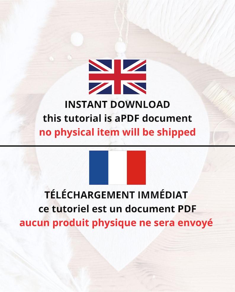 以下が含まれることがあります： 「INSTANT DOWNLOAD」と「this tutorial is a PDF document no physical item will be shipped」というテキストが入った白いハート型のグラフィック。上部にイギリスの国旗があります。