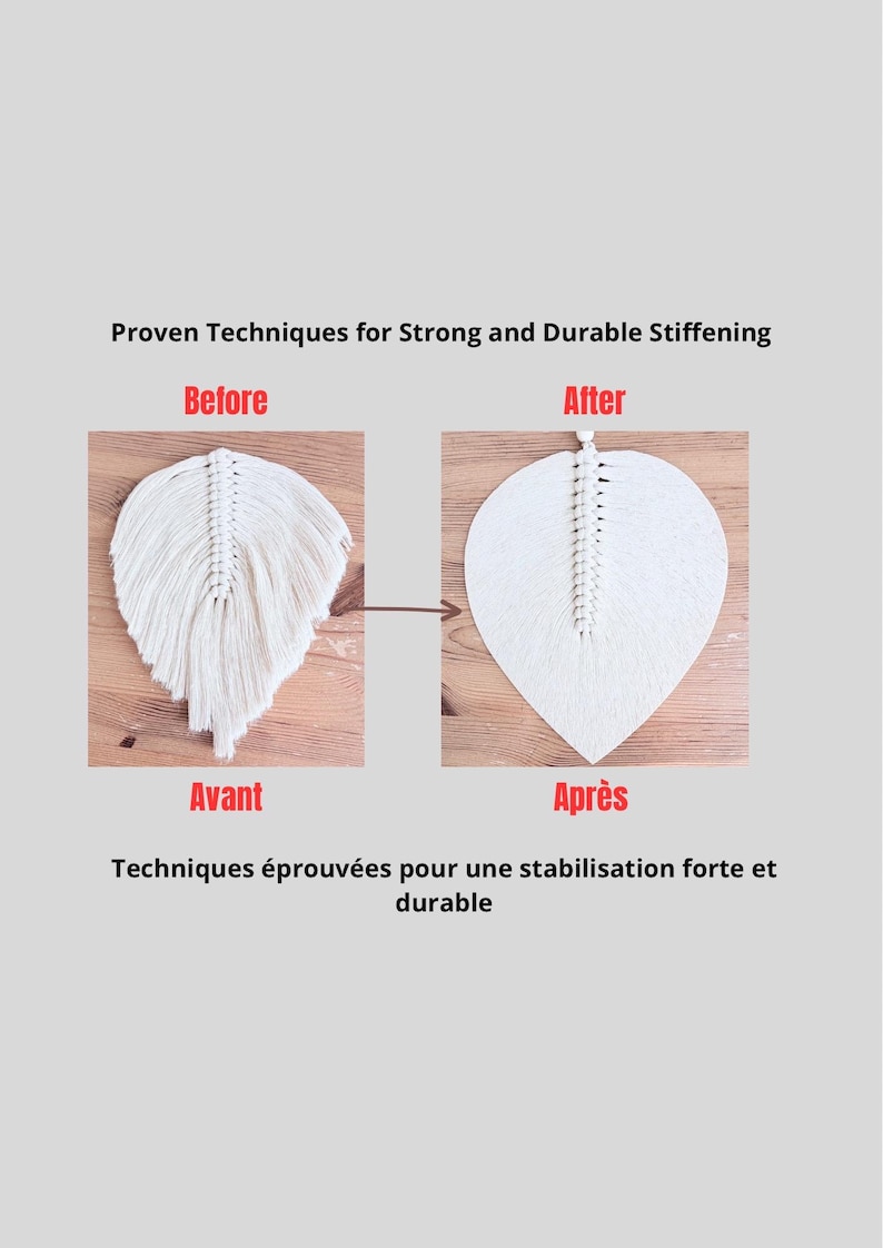 以下が含まれることがあります： マクラメの羽の処理前後の比較画像。「前」は柔らかい羽、「後」は硬化したバージョンを示しています。テキストは「強力で耐久性のある硬化のための実績のある技術」と書かれています。