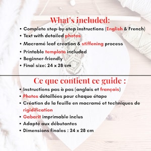 Pode incluir: Um guia de projeto de macram&ecirc; com instru&ccedil;&otilde;es em ingl&ecirc;s e franc&ecirc;s. O guia inclui instru&ccedil;&otilde;es passo a passo, fotos detalhadas e um modelo imprim&iacute;vel. A folha de macram&ecirc; acabada mede aproximadamente 24 x 28 cm.