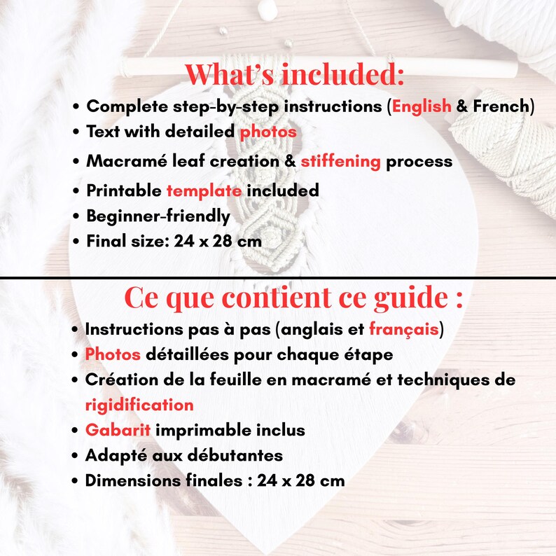Pode incluir: Um guia de projeto de macram&ecirc; com instru&ccedil;&otilde;es em ingl&ecirc;s e franc&ecirc;s. O guia inclui instru&ccedil;&otilde;es passo a passo, fotos detalhadas e um modelo imprim&iacute;vel. A folha de macram&ecirc; acabada mede aproximadamente 24 x 28 cm.