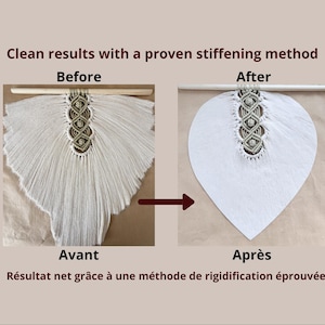 Pode incluir: Imagem comparativa de uma tape&ccedil;aria de macram&eacute; antes e depois da rigidez. A imagem "Antes" mostra uma pe&ccedil;a de macram&eacute; creme com franjas. A imagem "Depois" mostra a mesma pe&ccedil;a, agora endurecida em forma de cora&ccedil;&atilde;o. O texto diz "Resultados limpos com um m&eacute;todo de endurecimento comprovado."