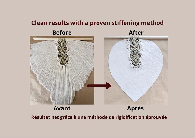 Pode incluir: Imagem comparativa de uma tape&ccedil;aria de macram&eacute; antes e depois da rigidez. A imagem "Antes" mostra uma pe&ccedil;a de macram&eacute; creme com franjas. A imagem "Depois" mostra a mesma pe&ccedil;a, agora endurecida em forma de cora&ccedil;&atilde;o. O texto diz "Resultados limpos com um m&eacute;todo de endurecimento comprovado."