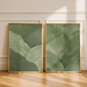 Earthy Forest Green Abstract Landscape Art Set | Minimalist Wabi Sabi Diptych (Digital Print)
