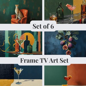 Könnte beinhalten: Ein Set aus 6 digitalen Frame TV Art Drucken mit einem Leoparden auf einem orangefarbenen Stuhl, verschiedenen Cocktails mit Gläsern und Flaschen, einem Feigenzweig und farbblockierten Hintergründen mit dem Text Set of 6 Frame TV Art Set.