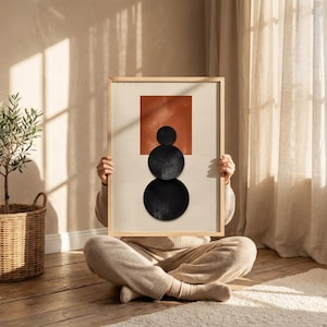 Japandi Abstract Terracotta Square and Black Circles Art Print (Digital Download)