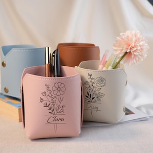 Personalised PU Leather Pen Holder with Metal Snap, Custom Birthday Flower Name Engraving, White Brown Pink Blue Desk Organizer Gift for Her