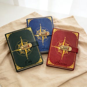 Personalized Password Journal,Custom A5 PU Leather Notebook,Gold Compass Design,Engraved Name,Secure Lock,6 Colors,Unique Gift for Her