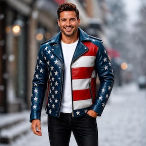 Chaqueta de piel de oveja para hombre con la bandera de EE. UU. / Chaqueta de motociclista patriótica americana