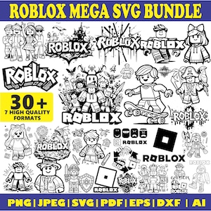 Op de afbeelding: Een zwart-wit digitale kunstbundel met verschillende Roblox-thema's. De afbeelding bevat het woord "ROBLOX" in verschillende lettertypen, stripfiguren en de tekst "30+ 7 HIGH QUALITY FORMATS". Formaten: PNG, JPEG, SVG, PDF, EPS, DXF en AI.