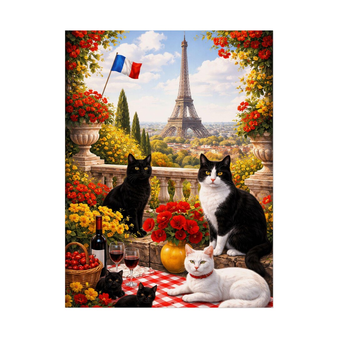 Cats in Paris Rolled Poster | Eiffel Tower Picnic Poster - Etsy