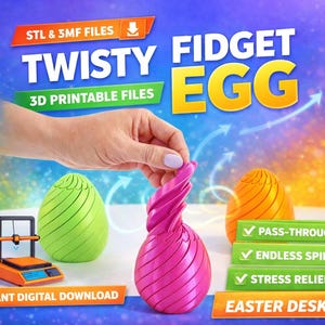 May include: Image of a pink, twisty fidget egg with green and orange egg-shaped fidget toys. The image includes the text "Twisty Fidget Egg" and "3D Printable Files". The image also includes a 3D printer and the text "Instant Digital Download".