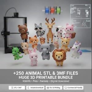 Puede incluir: Una colección de figuras de animales impresas en 3D, que incluyen un oso, un mapache, un ciervo, un zorro, un león y un unicornio. La imagen también presenta una impresora 3D y el texto "+250 ANIMAL STL & 3MF FILES HUGE 3D PRINTABLE BUNDLE".