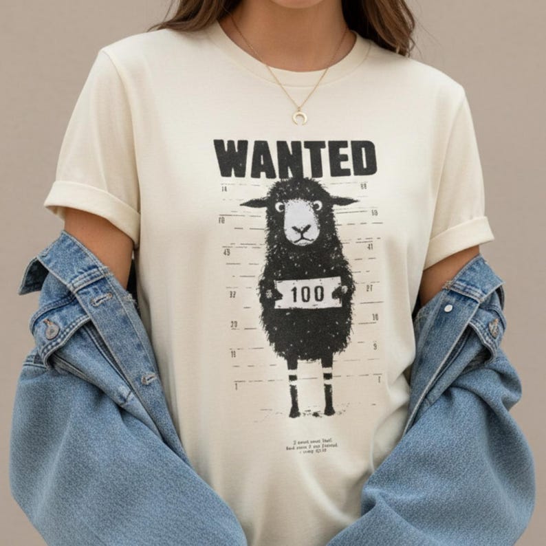May include: Cream-colored t-shirt with a graphic of a black sheep in a police lineup. The word "WANTED" is above the sheep, and a sign reading "100" is held by the sheep. The shirt also has text at the bottom. A denim jacket is worn over the shirt.
