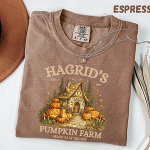 May include: An espresso-coloured t-shirt featuring a graphic of a stone cottage surrounded by pumpkins and trees. The text reads HAGRID'S EST. 1981 PUMPKIN FARM MAGICALLY GROWN. The shirt has a crew neck and a Comfort Colors brand label on the inside collar.