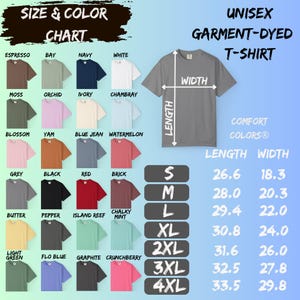 May include: A size and colour chart for a unisex garment-dyed t-shirt. It displays twenty-four colour swatches with names like espresso, navy, and white. A grey t-shirt diagram shows length and width measurements in inches for sizes S to 4XL.