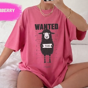 May include: A pink t-shirt with the word "WANTED" above a cartoon sheep holding a sign that says "100". The shirt also has the word "CRUNCHBERRY" in a pink banner. The shirt is a casual style.