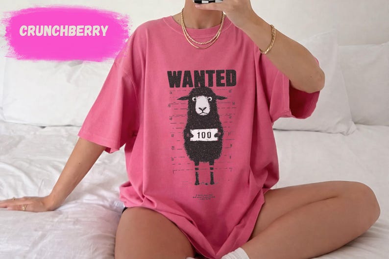 May include: A pink t-shirt with the word "WANTED" above a cartoon sheep holding a sign that says "100". The shirt also has the word "CRUNCHBERRY" in a pink banner. The shirt is a casual style.