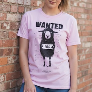 May include: A light pink t-shirt with the word "WANTED" above a black sheep illustration. The sheep holds a sign with the number "100". The shirt has a crew neck and short sleeves.