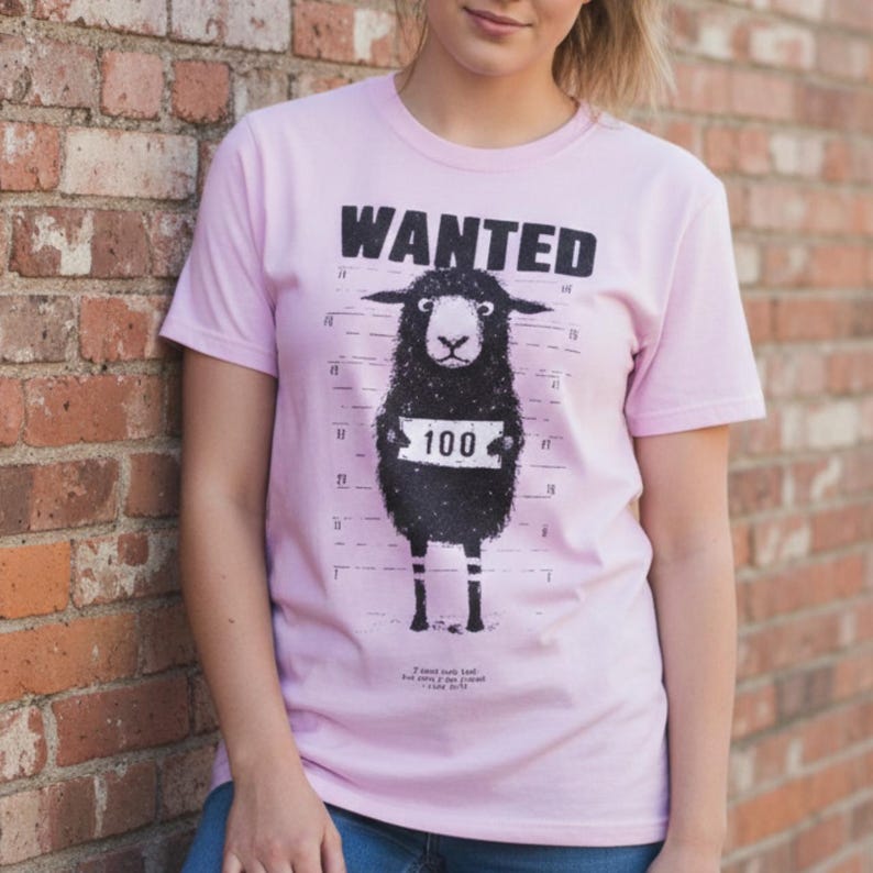May include: A light pink t-shirt with the word "WANTED" above a black sheep illustration. The sheep holds a sign with the number "100". The shirt has a crew neck and short sleeves.