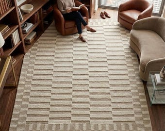 Hand Tufted Wool Area Rug, Beige Ivory Geometric Striped Carpet, Modern Scandinavian Minimalist Rug, Handmade Wool Living Room Rug,
