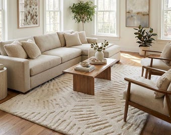Cream Geometric Tufted Area Rug | Modern Neutral Rug for Living Room, Bedroom | Textured Wool Boho Rug, Minimalist Scandinavian Decor