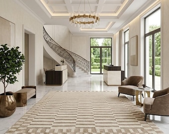 Handgetuft wollen vloerkleed, beige ivoor geometrisch gestreept tapijt, modern Scandinavisch minimalistisch tapijt, handgemaakt wollen woonkamertapijt,