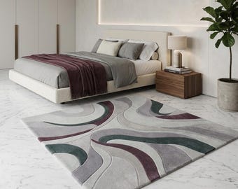 Handgetufteter Wollteppich, Abstrakter, Moderner Teppich, Neutraler Grauer Beige-Teppich, Zeitgenössischer Geschwungener Designteppich, Wohnzimmer Schlafzimmer Dekor