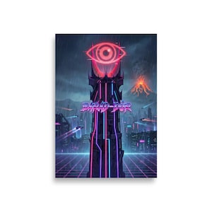 May include: A poster featuring a futuristic cityscape with a towering structure labeled "Barad-Dûr." The structure has a glowing eye at the top and is illuminated with neon pink and blue lights. A volcano erupts in the background.