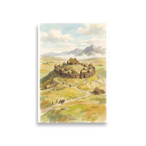 May include: Watercolor print of a fortified village atop a hill, surrounded by a wooden palisade. The artwork depicts a landscape with rolling green hills, a winding path, and distant mountains under a cloudy sky. The word "EDORAS" is printed at the bottom.