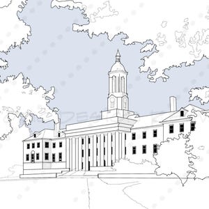 May include: Line drawing of a building with a tall tower and columns, likely a university or government building. The image is in black and white, with a light blue sky and tree outlines in the background.