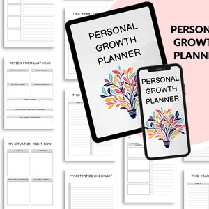 Puede incluir: Un planificador de crecimiento personal digital que se muestra en una tableta y un teléfono inteligente. Las pantallas muestran el título "Personal Growth Planner" con una ilustración colorida. Varias páginas del planificador son visibles en el fondo.