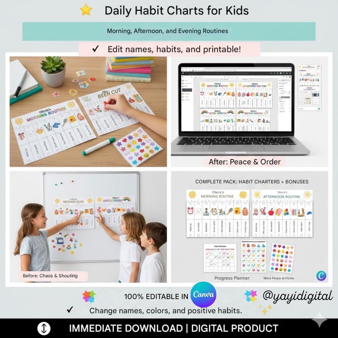 Editable and Printable Kids Routine Chart, Morning Afternoon Bedtime ...