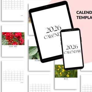 Puede incluir: Una plantilla de calendario digital para 2026, mostrada en una tableta y un teléfono inteligente negros. Las pantallas muestran "2026 CALENDAR". El fondo incluye páginas de calendario con imágenes florales y un fondo rosa, con el texto "CALENDAR TEMPLATE".